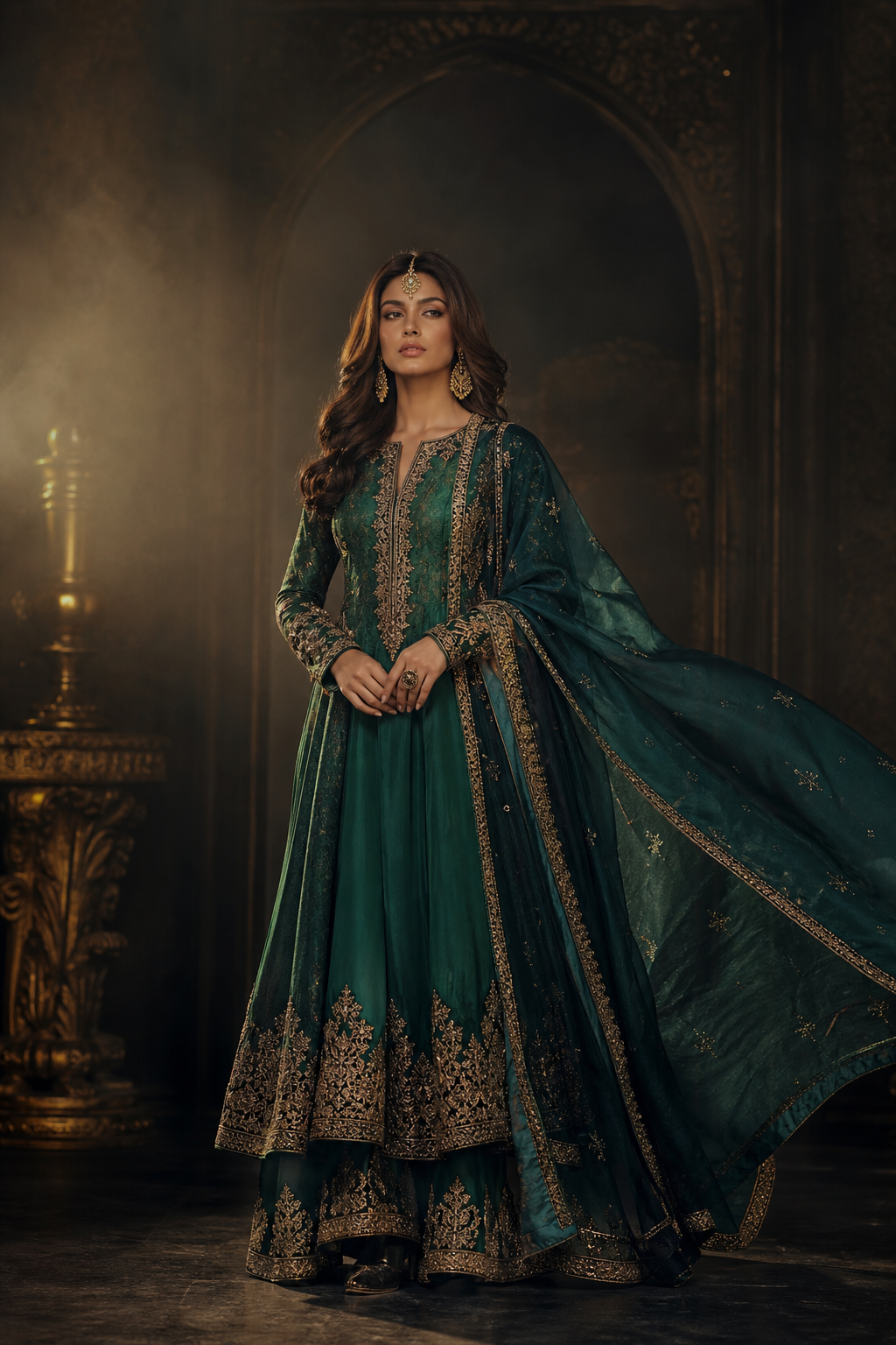 Model wearing an emerald Fajer Collection dress